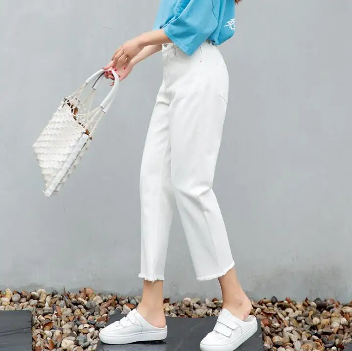 High Waist Mom Jeans Trousers For Women Boyfriend Denim Pants Vintage Casual Girls Jeans Trousers Blue White Milky Summer Autumn