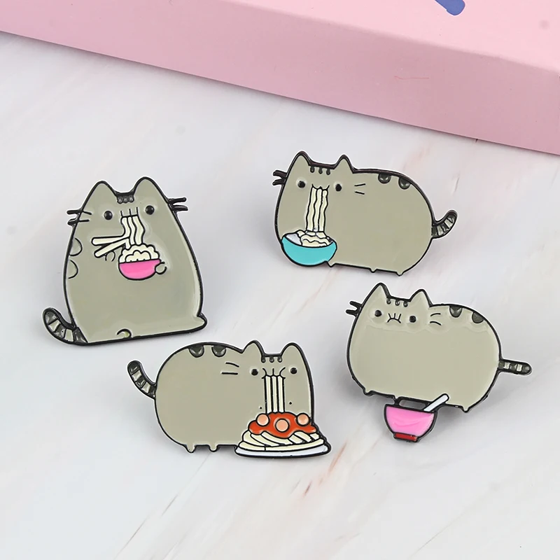 

Cute Cartoon Hungry Noodles Cat Animal Kitty Enamel Pin Button Metal Badge Brooch Men's and women Shirt Jackets Pin Jewelry Gift