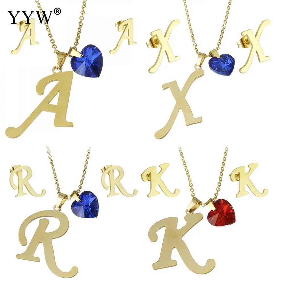 

26 Letter Jewelry Set Alphabet Long Chain Pendant Necklace Stainless Steel Gold Color Earring For Women Wedding Fashion Jewelry