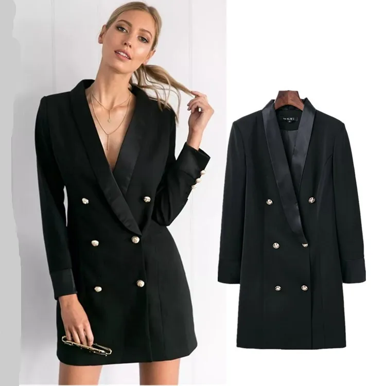 Women Long Blazer Elegant Office Lady Blazer High Quality Black Autumn Jacket Double Breasted Medium Long Coat Work Wear HX-2188