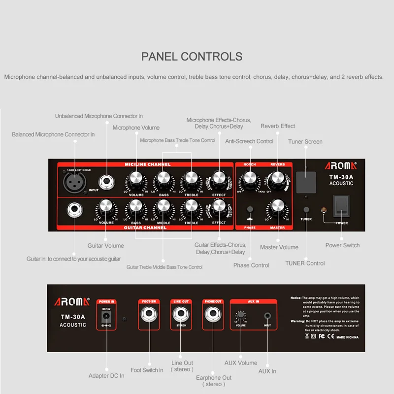 Арома TM-30A Акустическая гитара 30 Вт Цифровой усилитель аудио усилитель динамик коробка Встроенный тюнер с манометром аудио кабель адаптер питания