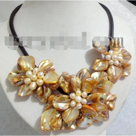 

Charming Pearl Gold yellow Shell Flower Necklace@^Noble style Natural Fine jewe FREE SHIPPING ##a #a
