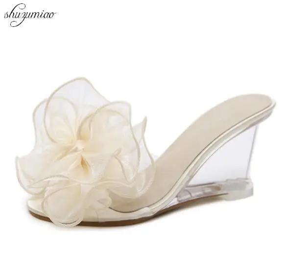 

Hot!Flowers Sexy Wedges Sandals 2018 Heel 8.5cm Cool Slippers Transparent crystal High-heeled wedding shoes Plus-size 34-43