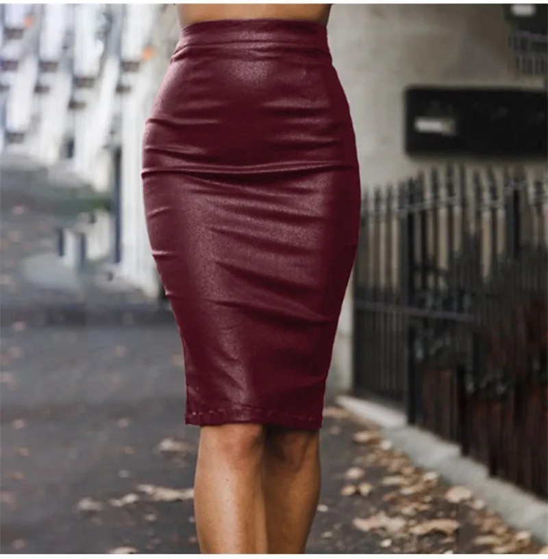 Colysmo, зимняя женская кожаная юбка, сексуальная юбка-карандаш средней длины с высокой талией для женщин, Осенние юбки из искусственной кожи, черные, новинка