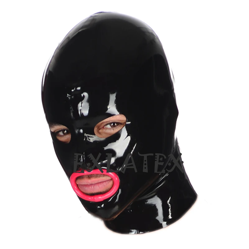 Capa de látex unisex máscara de látex fetiche bondage máscara com furos