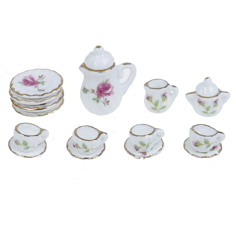 15 шт. 1/12 миниатюрные фарфоровые кофейные чайные чашки с розовыми цветами, керамическая посуда для кукол, кухонные аксессуары