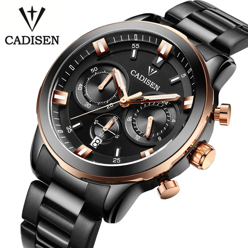 

CADISEN Watches Men luxury Chronograph Sport Watch Genuine Leather Quartz Watch Men relogio masculino 2019 Waterproof Wristwatch