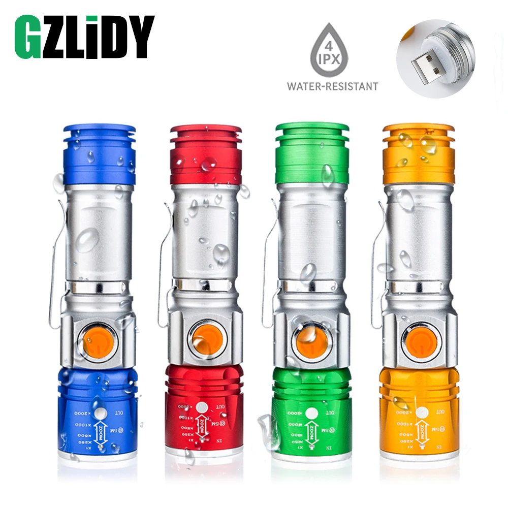 

4 Color LED Flashlight Built-in Rechargeable battery Support zoom 3 modes Lighting distance of 300 meters Suitable for outdoor