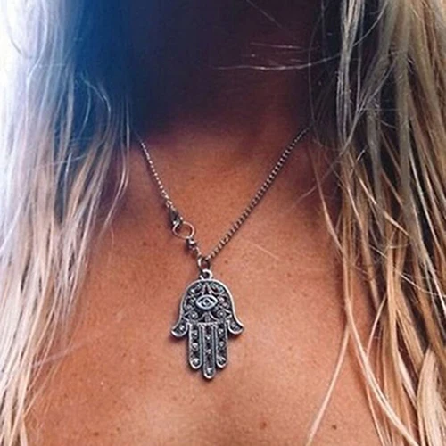 

2017 Hot Selling Women's Vintage Good Luck Protection Hamsa Fatima Hand Evil Eye Pendant Necklace
