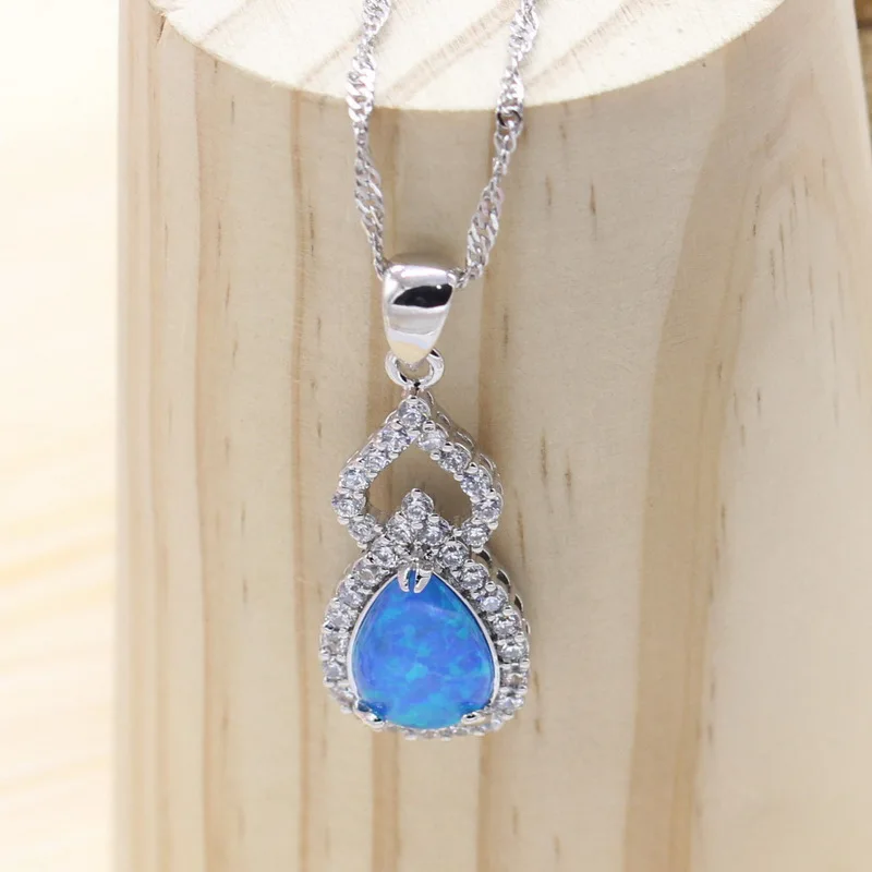 Капли воды Австралия синий опал 925 Серебряные Ювелирные наборы для женщин ожерелье кулон серьги открытые Регулируемые кольца подарок