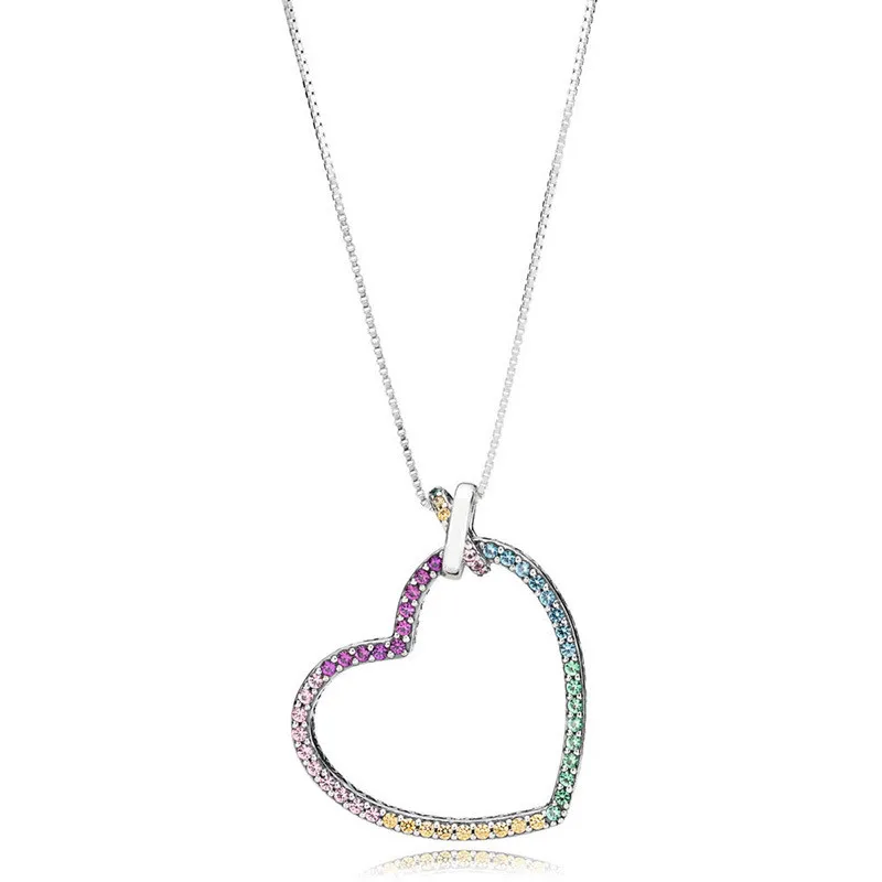 

Fashion 925 Sterling Silver Zirconia Rainbow Heart Pendant Necklace Fit Original Pans European Jewelry For Women Wedding Gift