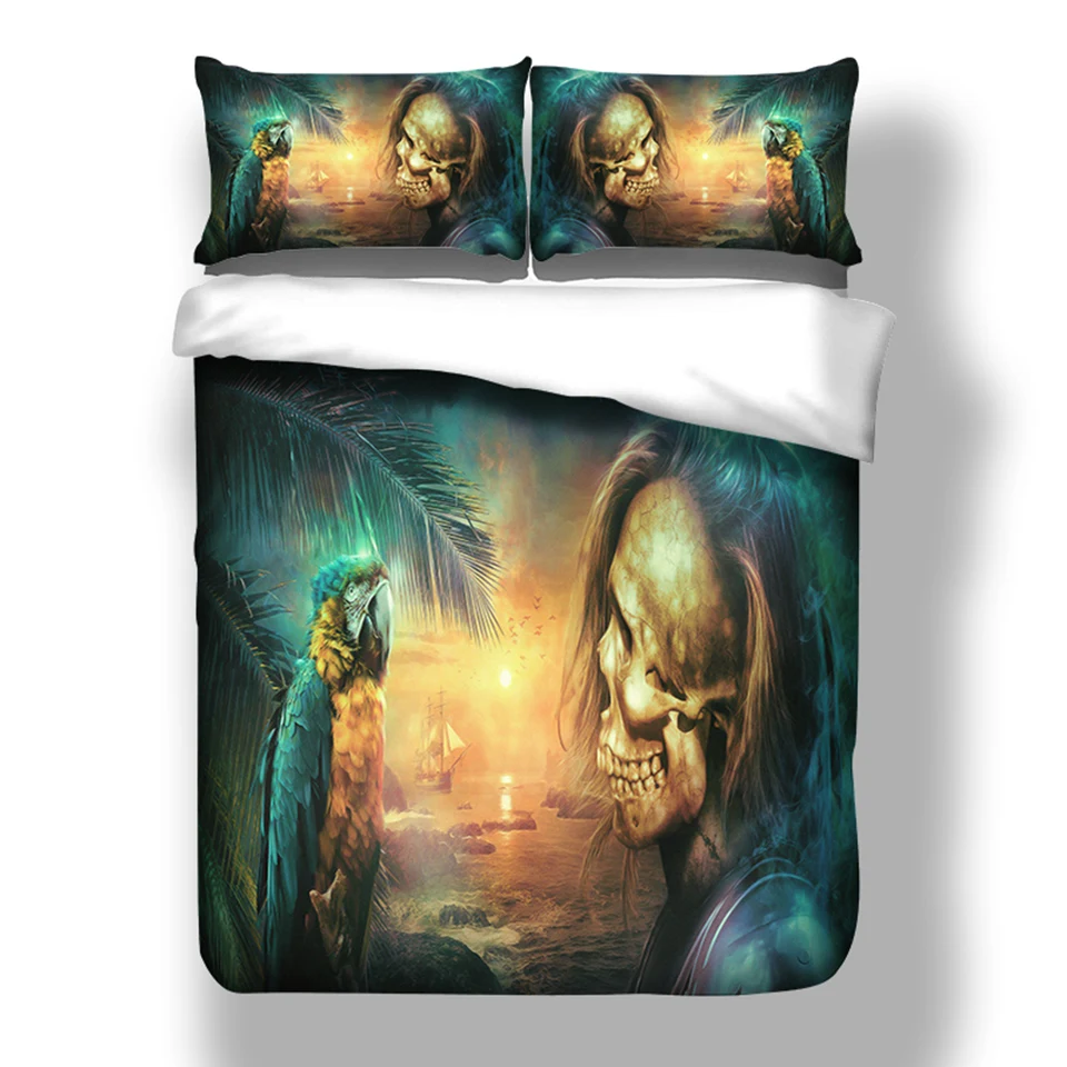 

Wongsbedding 3PCS Skull And Parrot Duvet Cover Bedding Set Twin Full Queen King Size Home Textile