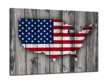 

Vintage Wooden American Flag Map Wall Art Canvas Prints Thin Blue Red Line Home Decor Pictures for Living Room Bedroom Painting