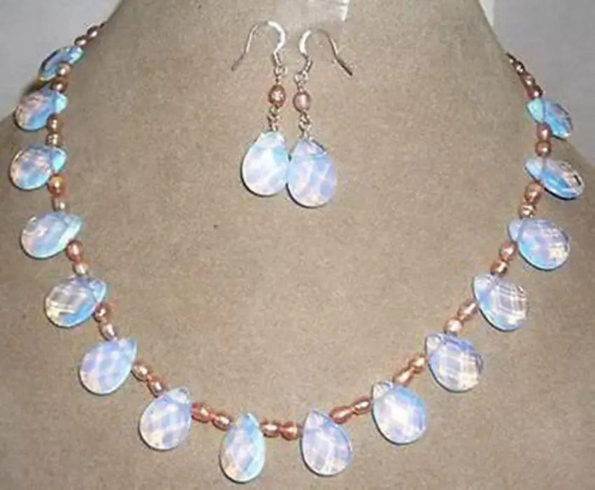 Pink pearl /Sri Lanka Moonstone drops pendant necklace Earrings set 30