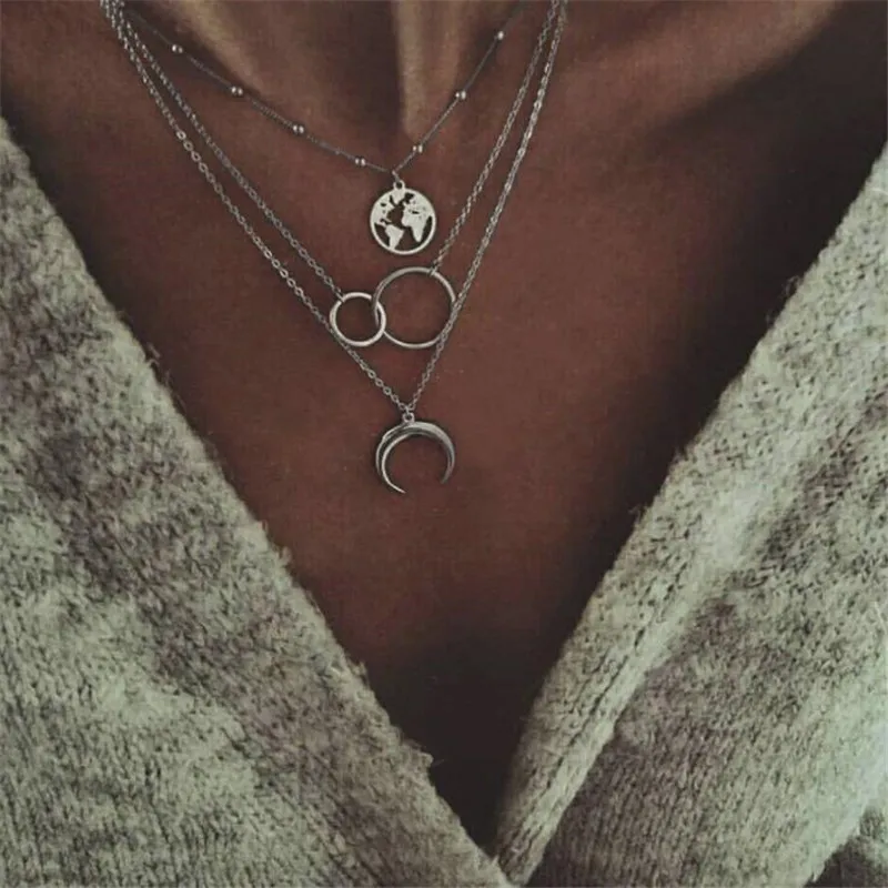 

12 pcs US1.01 per Triple Layered Chain Necklace for Women Elegant Silver Geometric World Map Moon Pendant Necklace Boho Jewelry