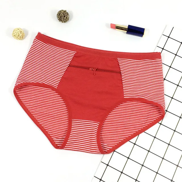 Women Zipper Pocket Panties Big Size Underwear Female Cotton Briefs