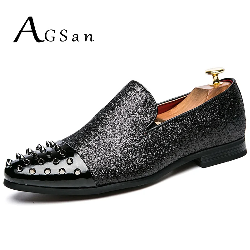 AGSan Handmade Rivet Spiked Men Shoes Red Bottom Male Loafers Glitter