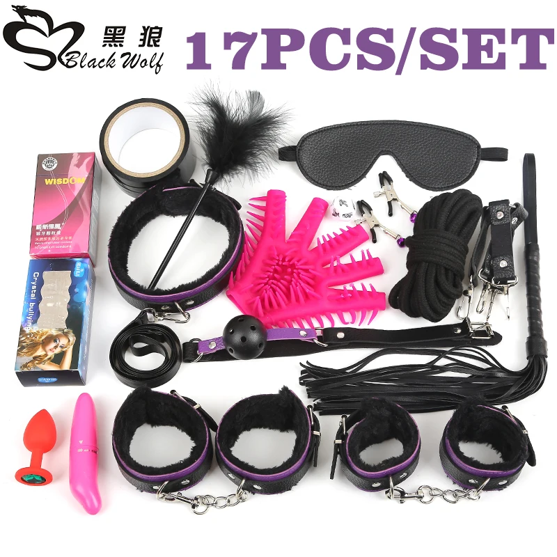 Продажа Черный волк 17 шт. компл. БДСМ обтягивающий костюм плюшевые кожаные Фетиш Секс Связывание зажимы для сосков кляп маска для глаз SM эротические...