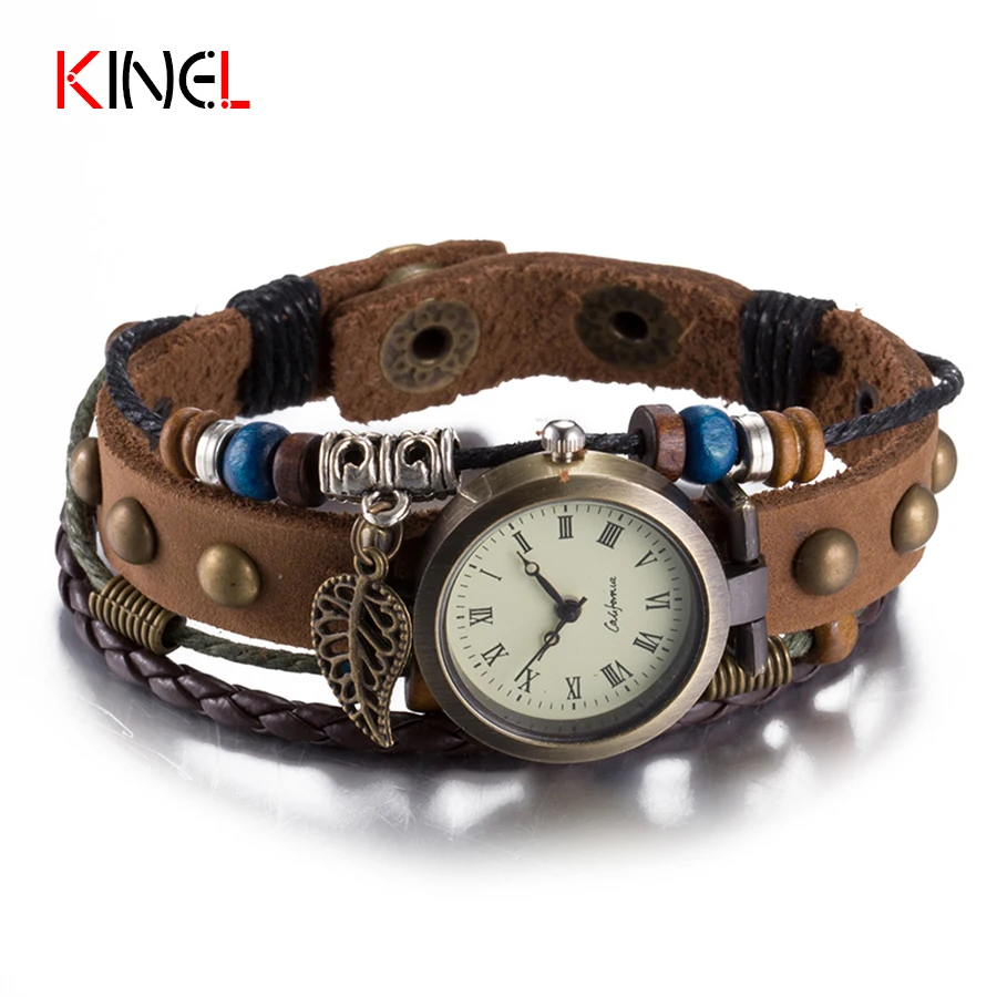 BOHO Коричневый Multi Кожа Канат Браслет Для Женщин Декоративные Часы Висит Листья Деревянные Бисера Punk Браслеты и Браслеты Оптовая