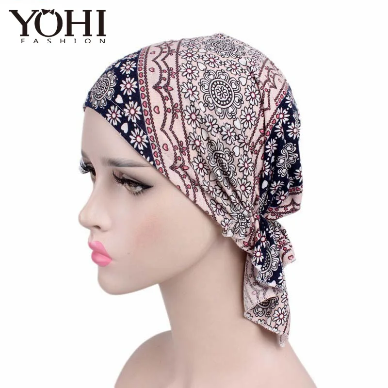 

Fashion high quality Women Stretchy Turban Cotton Beanie Pre Tied Scarf Head Scarf Chemo Hat of Lady