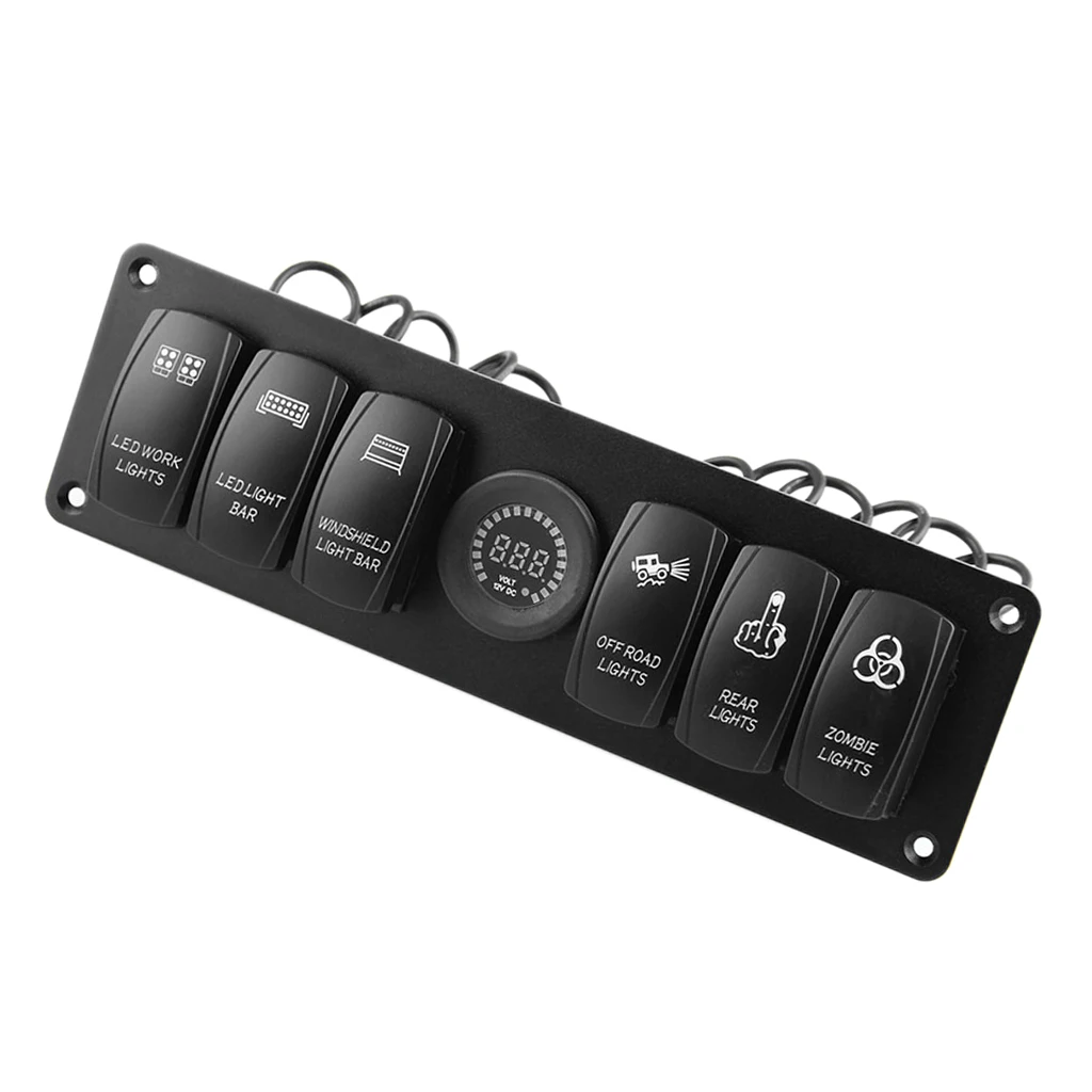 6 Gang Car Marine Boat Circuit RV LED Toggle Rocker Switch Panel Breaker Voltmeter for RV Car Boat Colorful Light