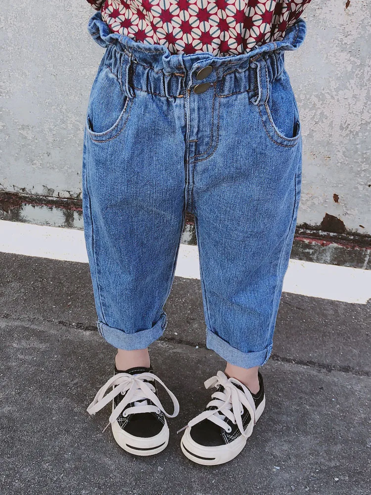 Весенне-осенние детские джинсовые широкие брюки для девочек детские джинсы джинсовые брюки с эластичной резинкой на талии для подростков Повседневные детские джинсы для девочек