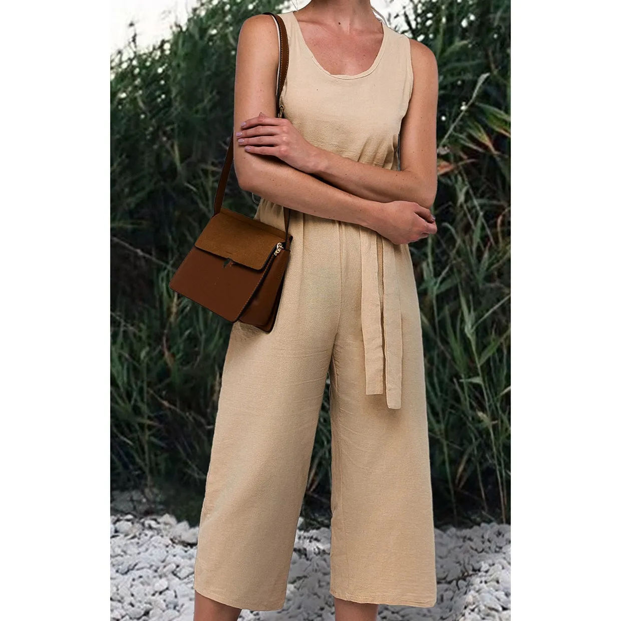 2019 Summer Women Sleeveless Wide Leg Jumpsuits Sashes Fashion Cotton Linen Belt Casual Solid Jumpsuit Loose Long Rompers 2019 Summer Women Sleeveless Wide Leg Jumpsuits Sashes Fashion Cotton Linen Belt Casual Solid Jumpsuit Loose Long Rompers