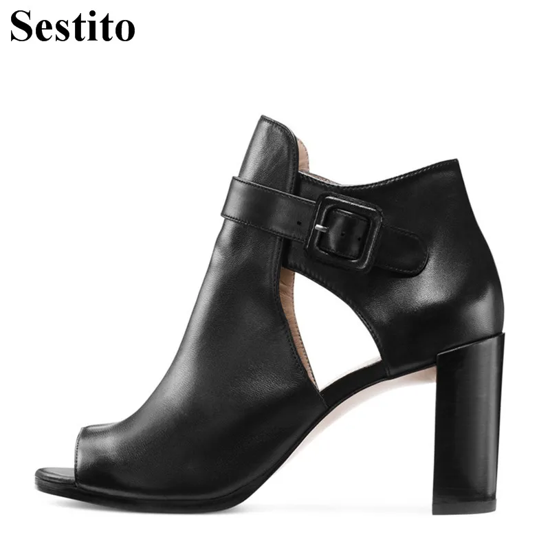 

Mature Black PU Peep Toe Hoof Heels Formal Dress Women Pumps Spring/Autumn Gladiator Buckle Strap High Heels Pumps Women Shoes