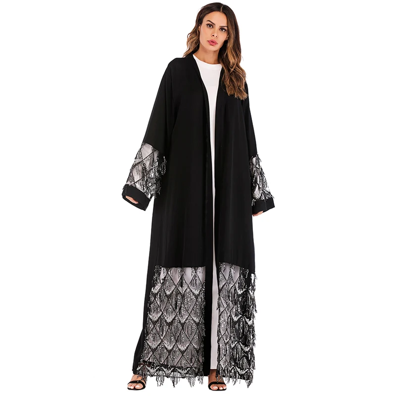 Черный Nida Abaya кафтан халат Дубай Арабский блестками мусульманский кардиган