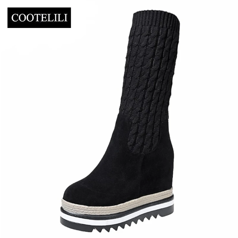 

COOTELILI Increasing Women Shoes 10cm High Heels Platform Boots Women Slip On Knitted Winter Shoes Women Boots For Women