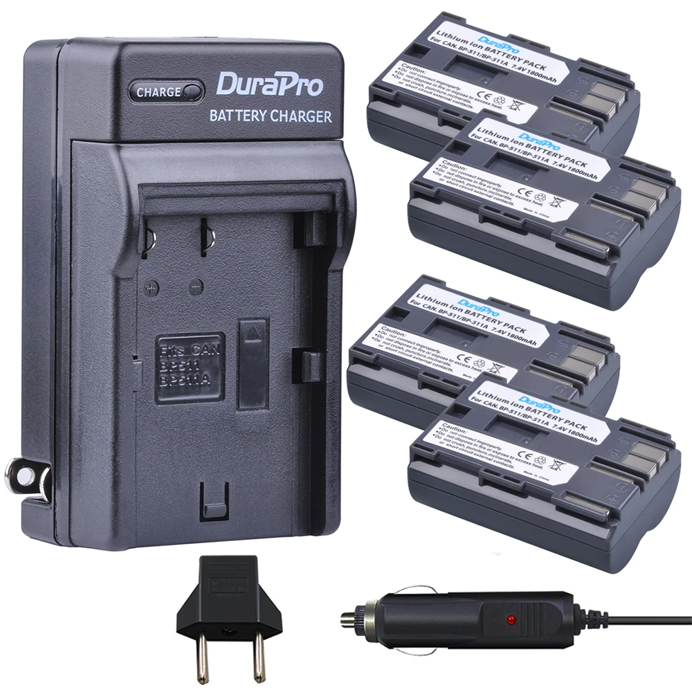 Durapro 4Pc 1800Mah Bp-511 Bp 511 Batteria Della Fotocamera + Caricabatteria Da Auto Per Canon Bp-511 Bp-511A Bp 511A 50D 40D 30D D60 D30 5D
