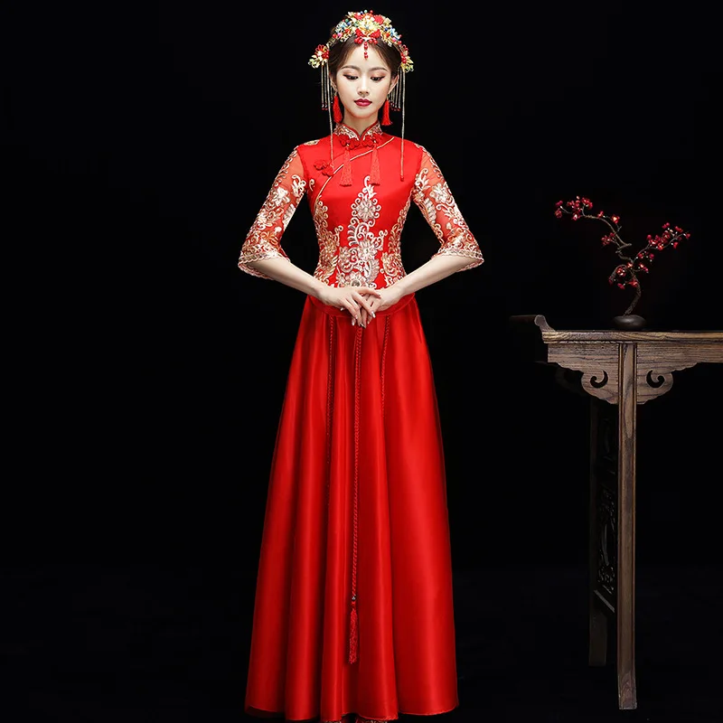 Красные свадебные платье костюм элегантный китайский воротник Qipao Восточный китайский леди Emobroidery Чонсам с цветами вечерние платья