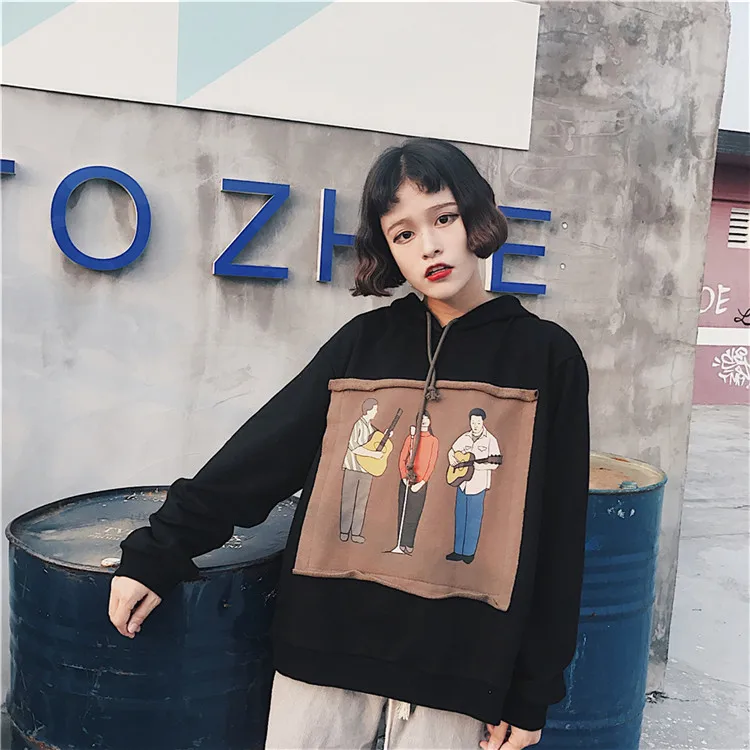 Harajuku Oversize Черный свитшот для женщин Японский Корейский Ulzzang Забавный принт толстовки с капюшоном повседневное свободные пуловер длинными