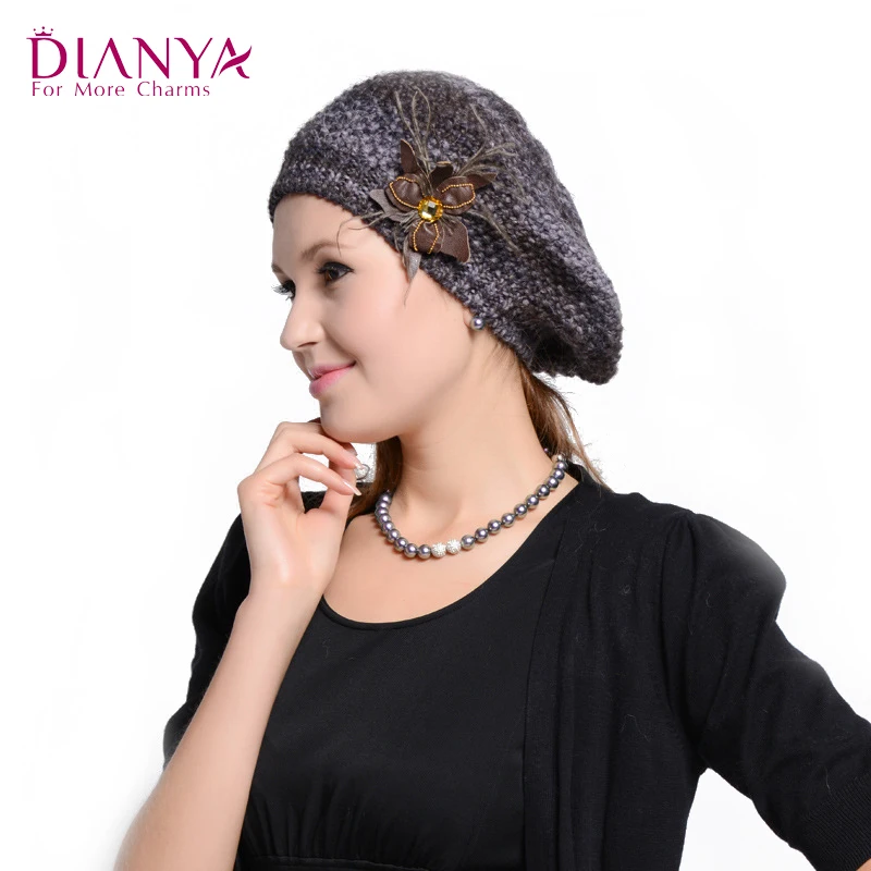 

Hot Sale Pure Wool Skullies Beanies for Women Girls 3 Colors Knitted hat Cap Winter Warm Flower Printed 7Skullies Caps  C6010