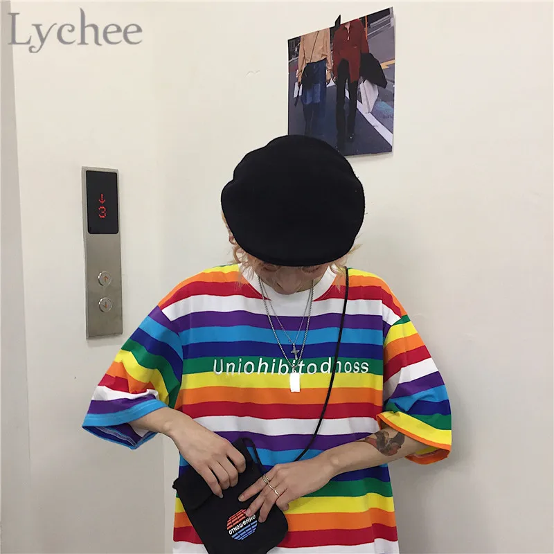 Lychee Harajuku, женская футболка с Разноцветными полосками и вышитыми буквами, топы, футболки с круглым вырезом, женские футболки с коротким рукавом