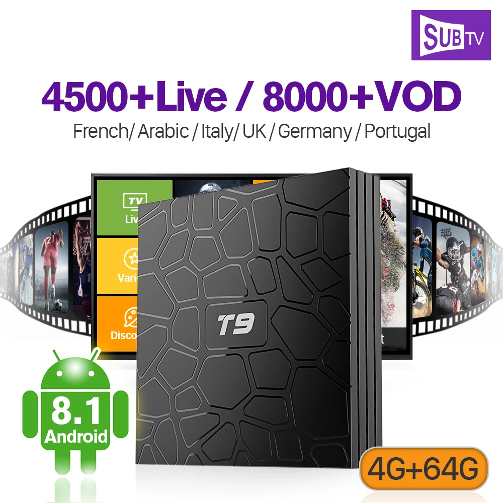 

Android 8.1 Set Top Box T9 4G RAM+64G ROM Support BT Dual-Band WiFi IPTV 100M LAN France Arabic SUBTV Full HD Lives IPTV Code