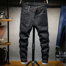 Джинсовые мужские джинсы размера плюс, одноцветные, стрейчевые, прямые, повседневные, вареные, полная длина, мужские джинсы в ковбойском стиле, высокое качество
