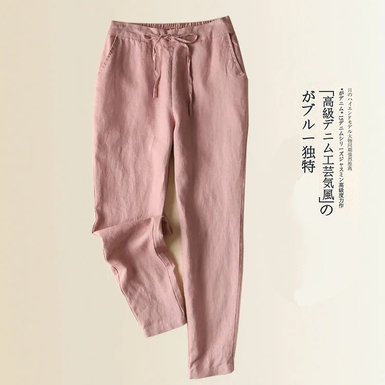 Female Summer Cotton Linen Pants Korean Plus Size 3xl Khaki Pencil Pants Girls Loose Slim Trousers Women Casual Lace Up Capri