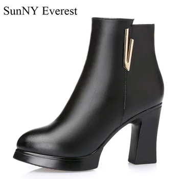 

SunNY Everest winter boots woman plush cow leather zipper mid-caf heel high 9cm lady boats de mujer black wine red 35-40 us9