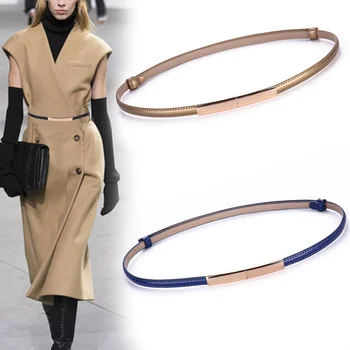

Fashion Skinny Cowhide Belts Adjustable Narrow Thin Belt Gold Buckle Designer Waistband 2019 New Women Dress Strap