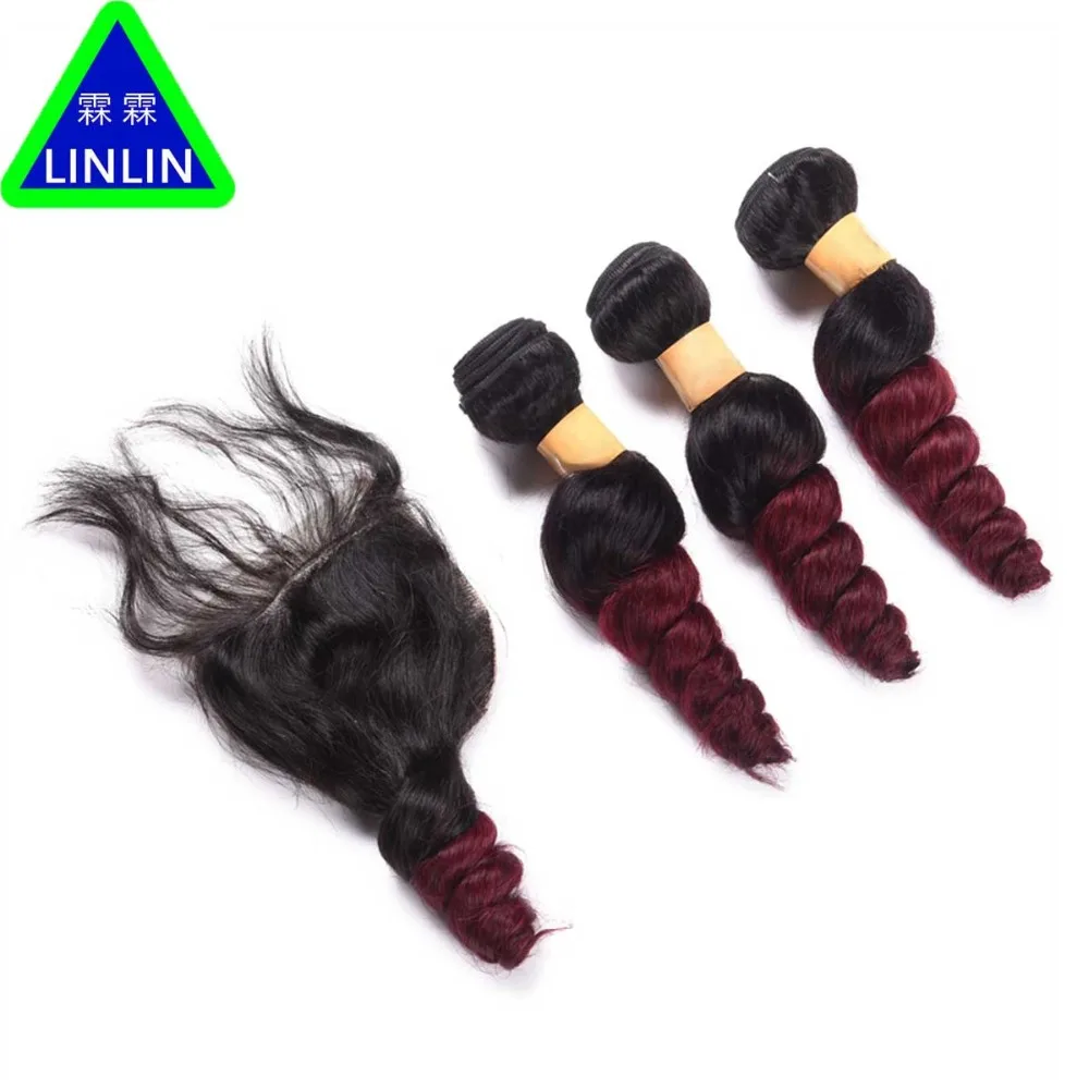 

LINLIN 1B/99J Loose Wave 3 Bundles With Closure Human Hair Bundles With Closure Mongolian Hair Weave Bundles Hair Rollers