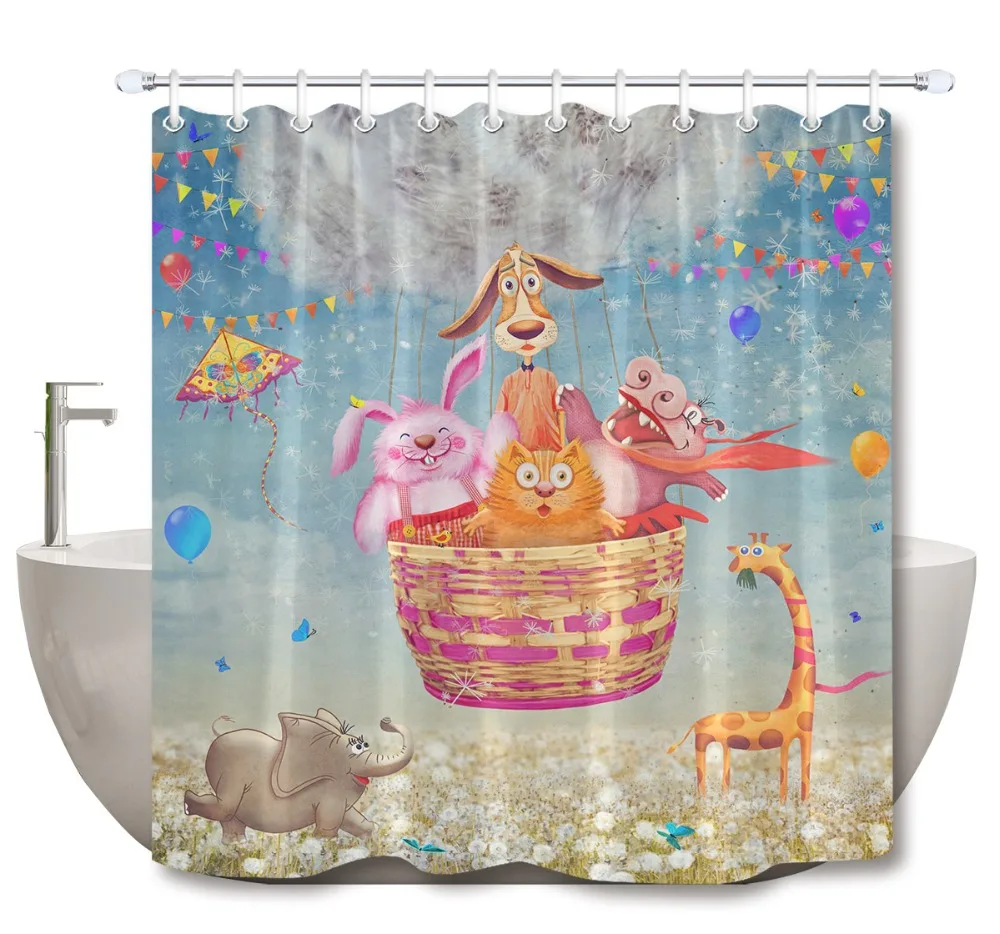 LB Funny Friendly Animals in an Air Balloon in the Sky Shower Curtains