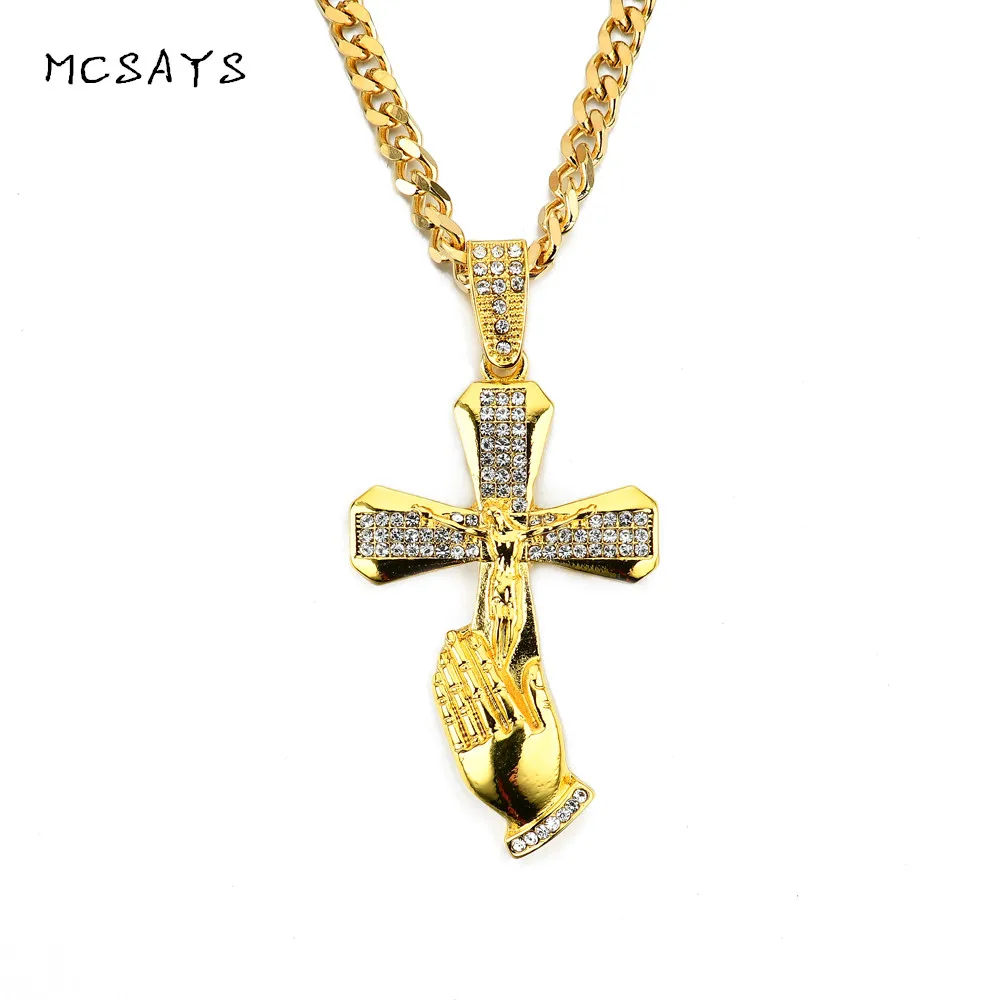 MCSAYS Hip Hop Jewelry Crystal Jesus Cross Payer Hand Pendant Golden