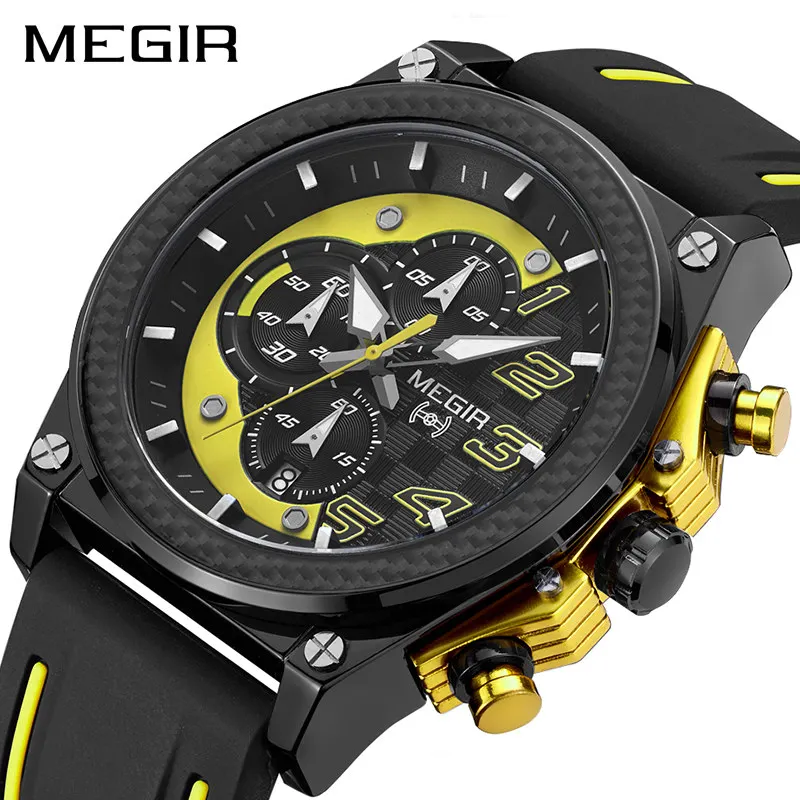 MEGIR Date Chronograph Men Watch Top Luxury Brand Clock Military Army Sport Male Clock Rubber Strap Quartz Mens Watches Box 2051