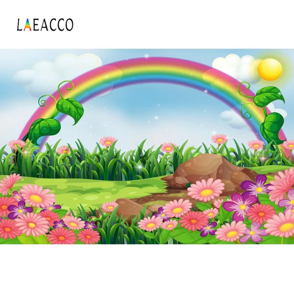 Laeacco Baby Cartoon Colorful Rainbow Grass Flower Sun Sky Party Pattern Photo Backgrounds Photographic Backdrops Photo Studio Background Aliexpress