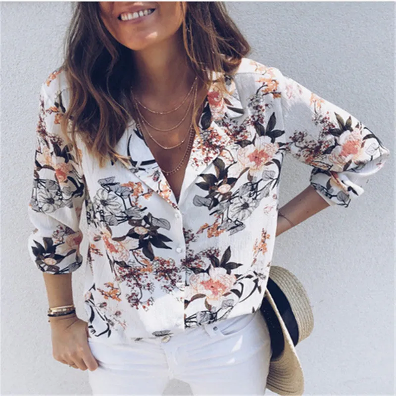 

Women's Floral OL Blouse Long Sleeve V-neck Fashion Summer Chiffion Casual Loose Tops