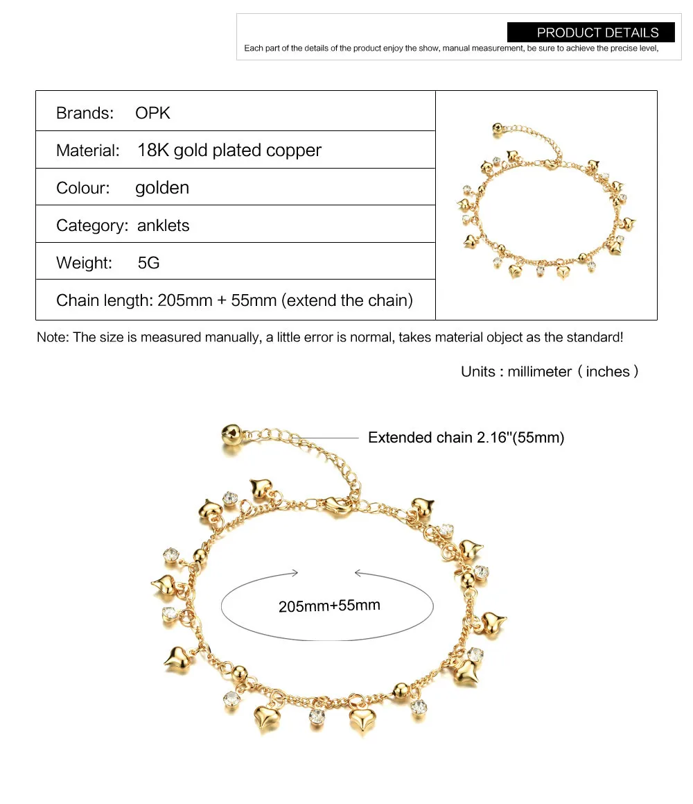 OPK Романтический сердечный кулон женские ножные браслеты новая мода сердце золотистого цвета женские пляжные украшения для лодыжки кубический цирконий браслет KZ736