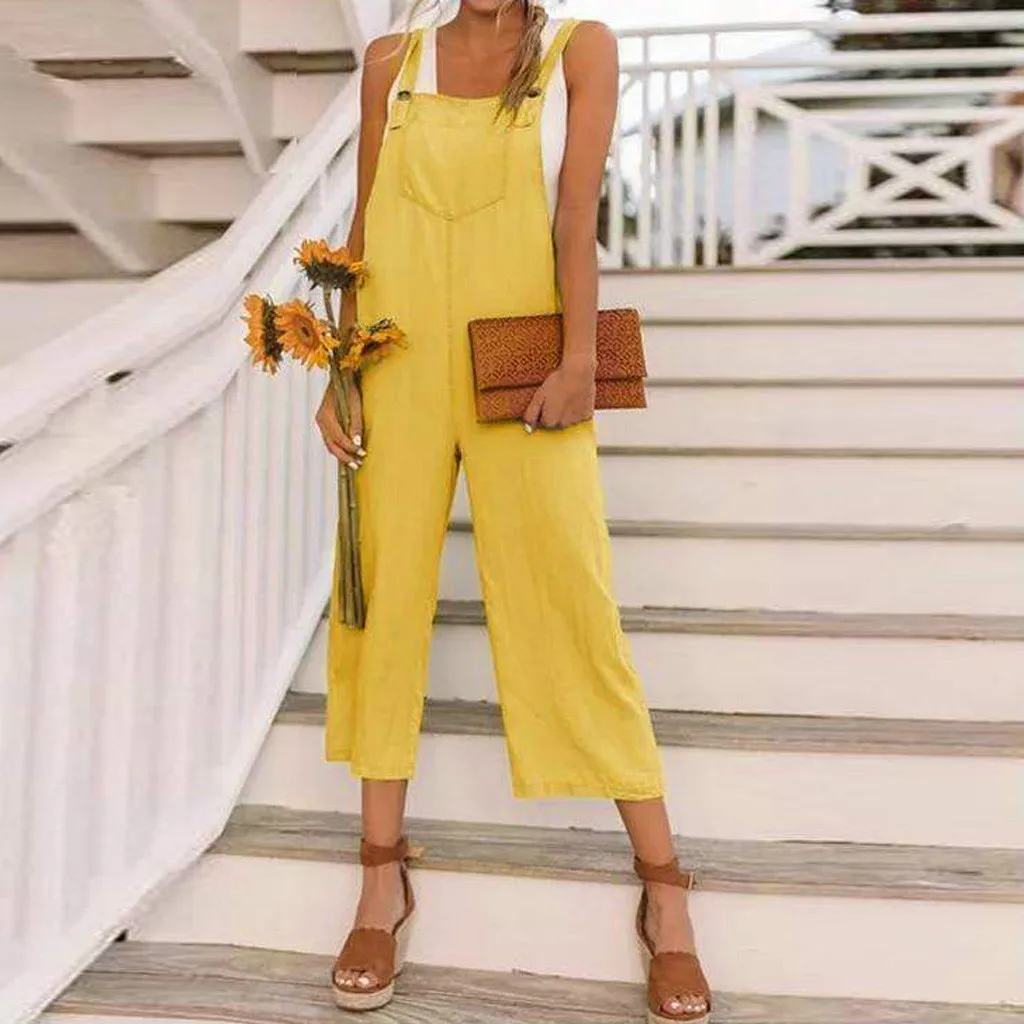 Overalls For Women Sleeveless Button Loose Cotton Linen Jumpsuit Long Playsuit Casual Wide Leg Party Jumpsuits Rompers womens