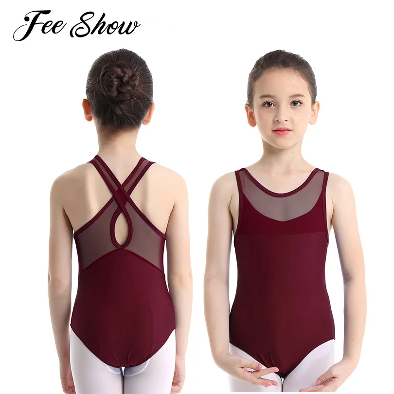 

Ballerina Girls Gymnastics Leotard Ballet Dancewear Sleeveless Mesh Splice Criss-cross Cutout Back Ballet Dance Jumpsuit Costume