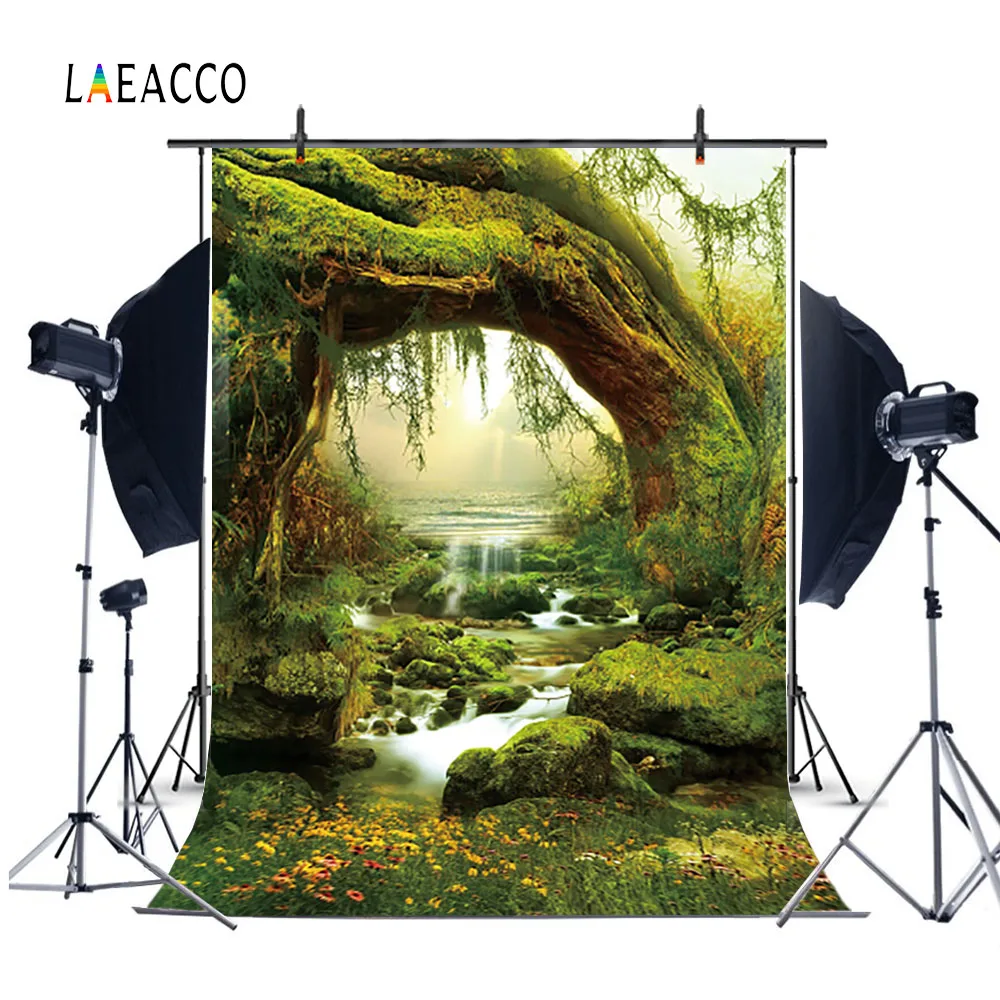

Laeacco Fairytale Old Tree Hole Waterflow Scenic Baby Photography Backgrounds Customized Photographic Backdrops For Photo Studio